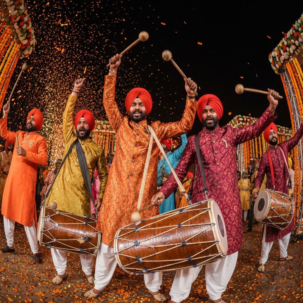 Punjabi dhol players at a vibrant Indian wedding baraat