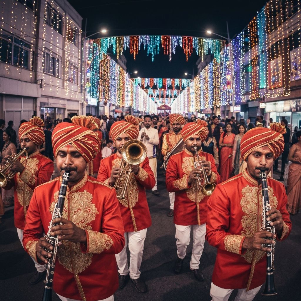 Traditional Indian wedding band in uniform playing instruments