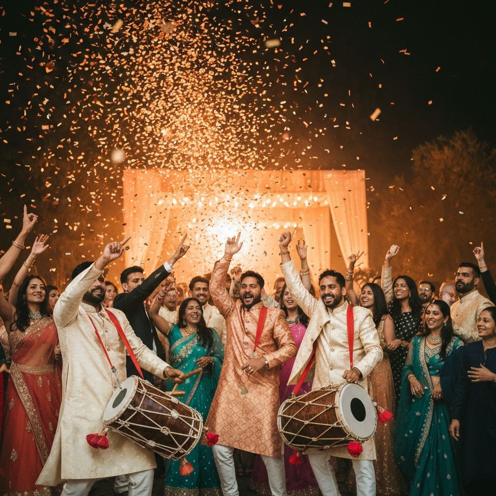 Happy baraat crowd dancing with dhol players
